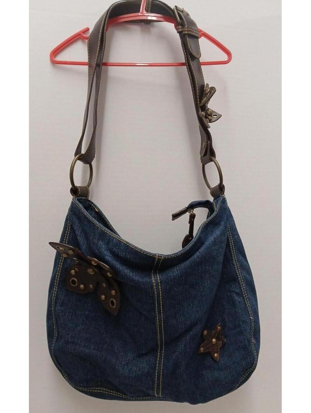 Denim Shoulder Bag with Leather Studded Butterfly Accents